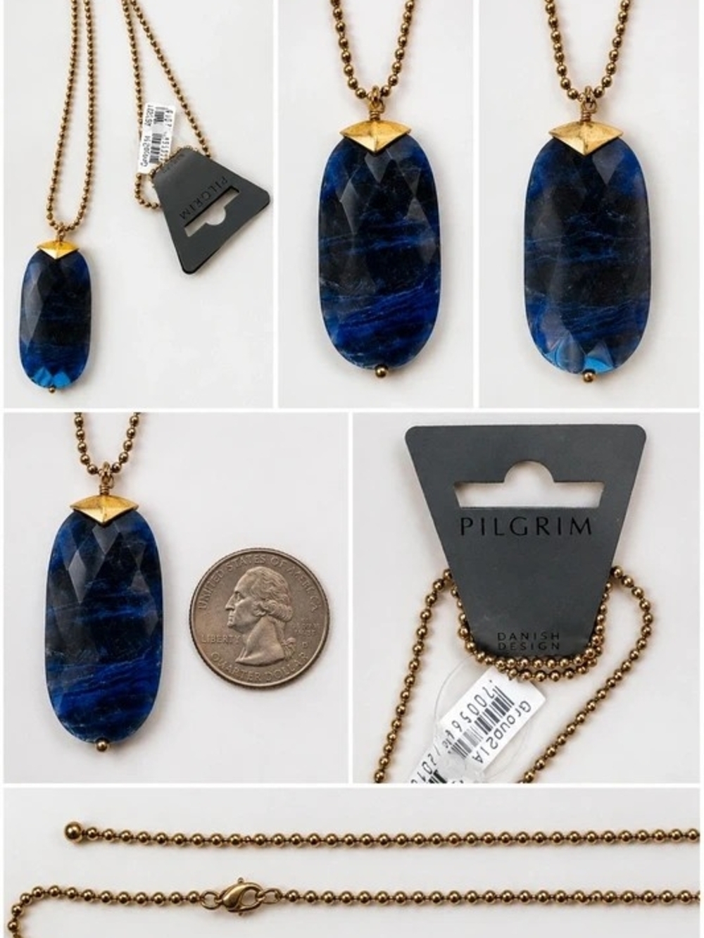 Large Pilgrim Danish Design Faceted Sodalite Pendant Necklace NWT (Goldtone)
